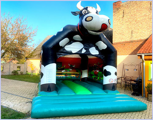 Ansicht der Hüpfburg "Clown" in den Farben gelb, rot, blau und mit lachendem Clownsgesicht.