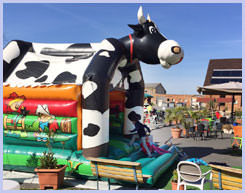 Seitenansicht der Hüpfburg auf einem Volksfest.